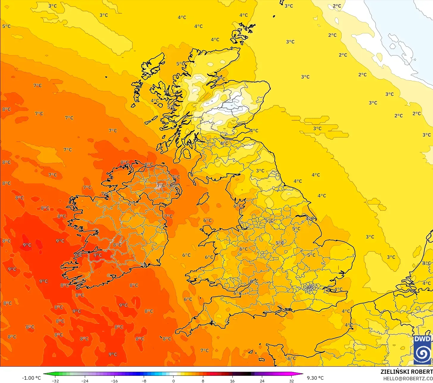 ICON model - United Kingdom, Temperature at 850hPa Anomaly
