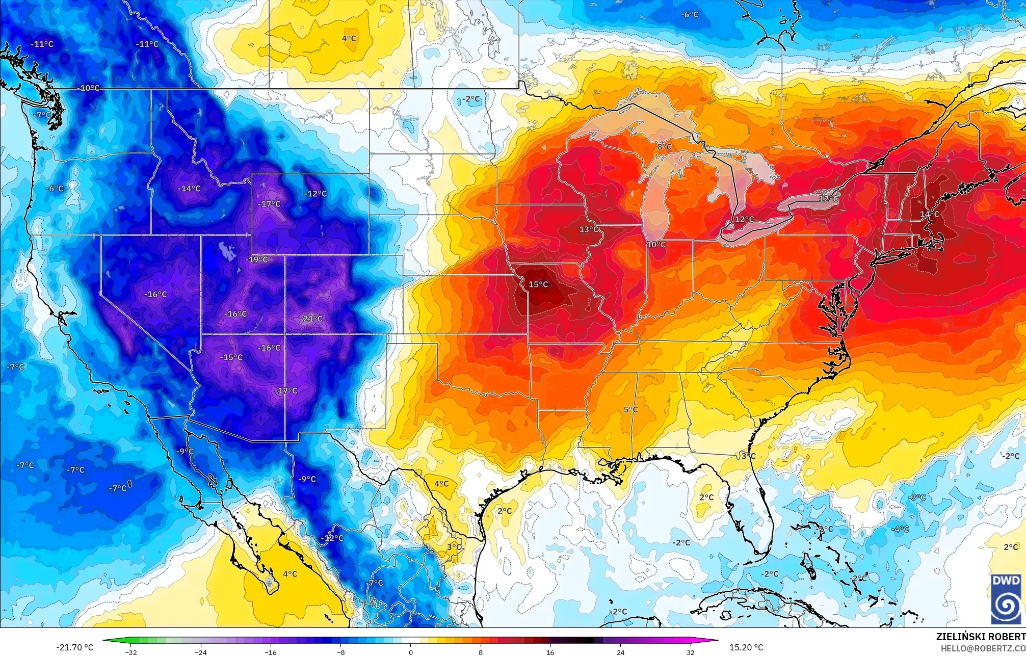 ICON model - United States, Temperature at 850hPa Anomaly