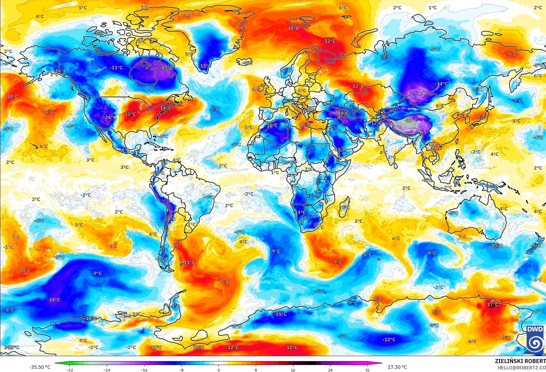 ICON model - World, Temperature at 850hPa Anomaly