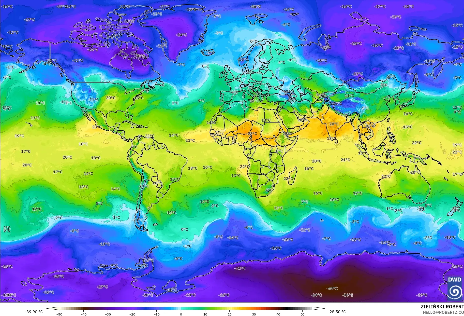 ICON model - World, Temperature at 850hPa