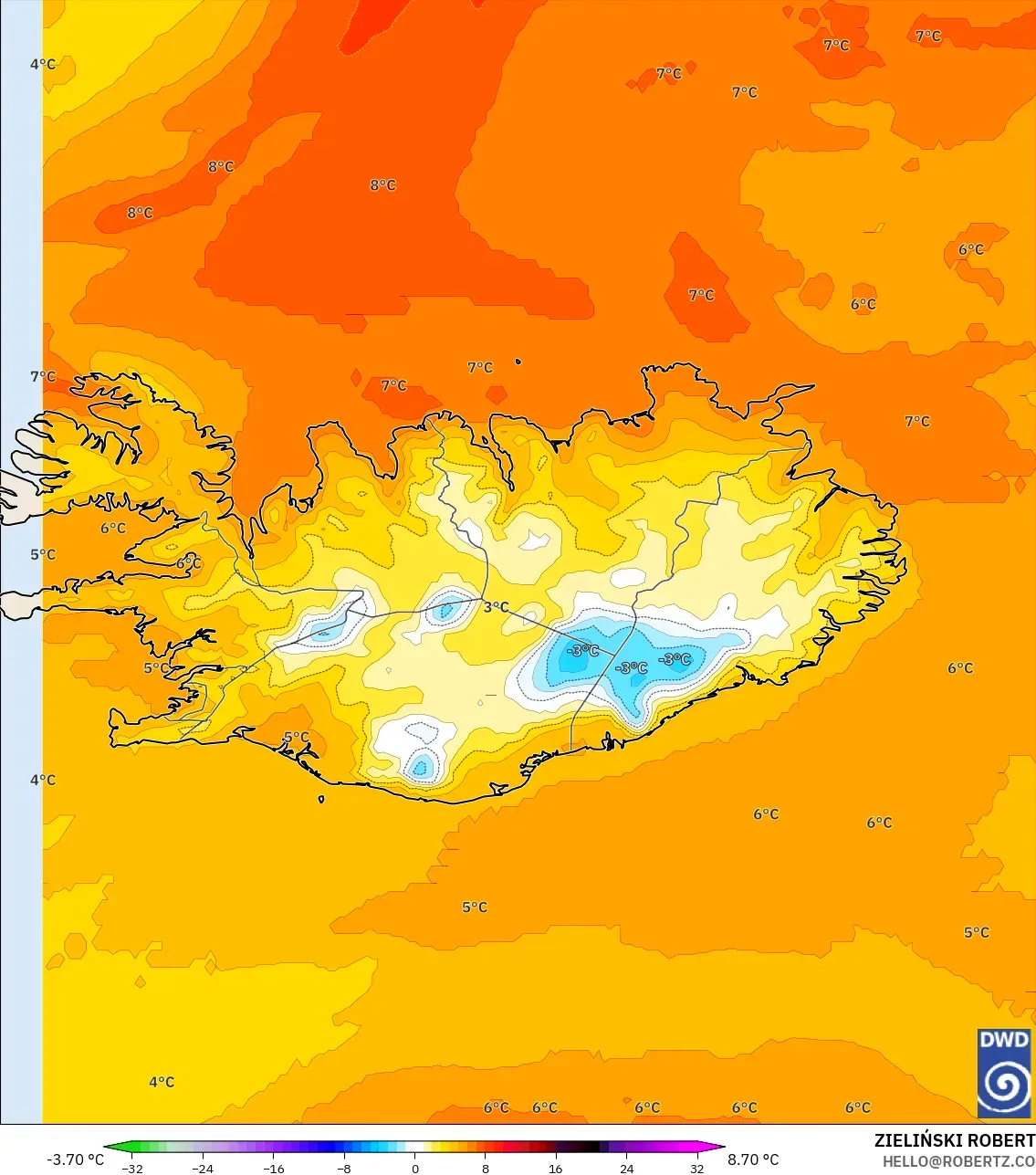 ICON model - Iceland, Temperature at 850hPa Anomaly