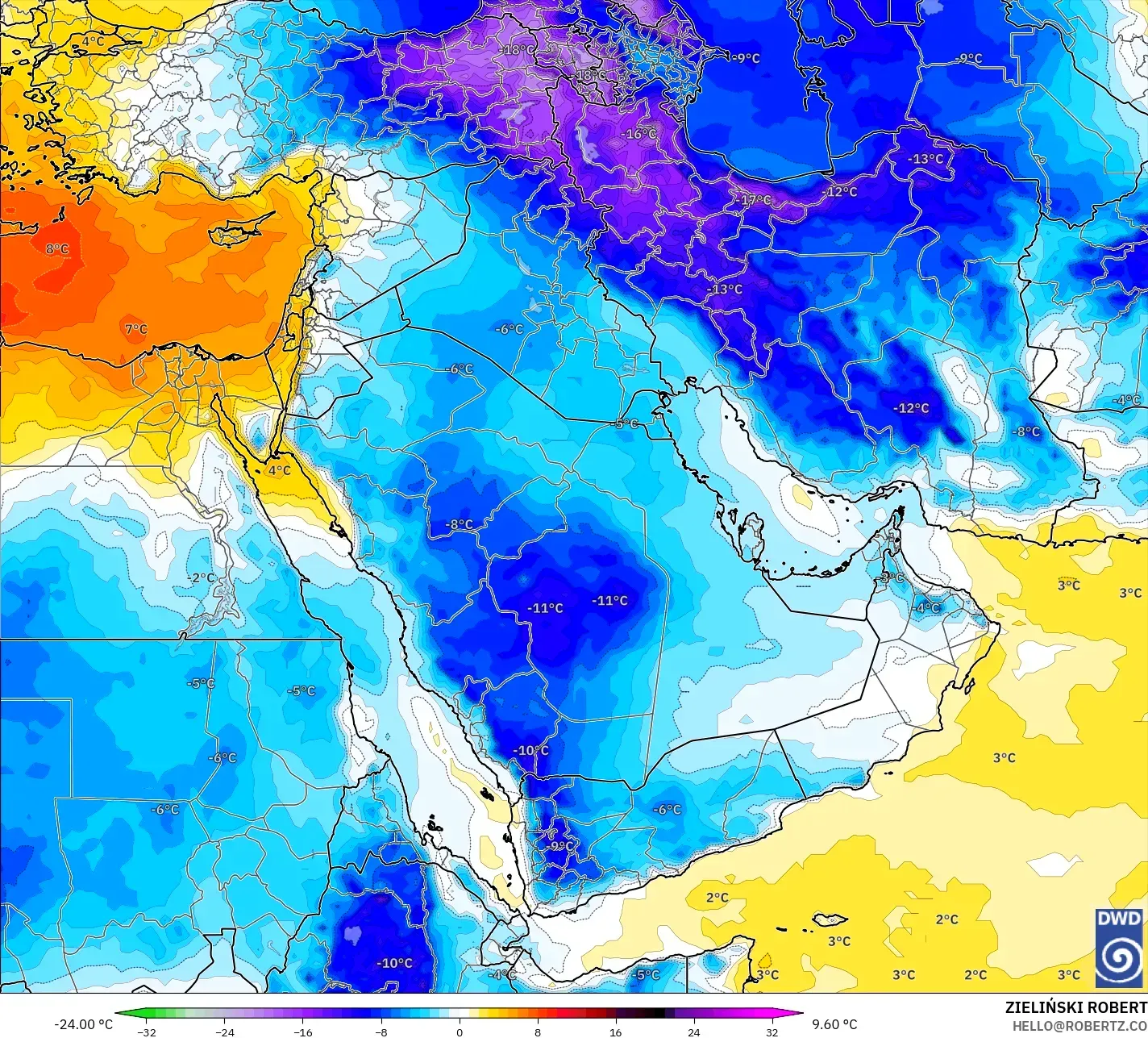 ICON model - Middle East, Temperature at 850hPa Anomaly