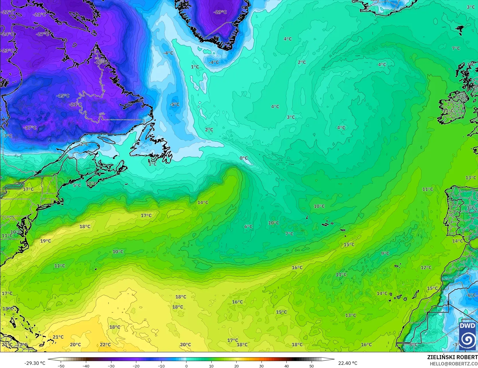 ICON model - North Atlantic, Dewpoint at 2m