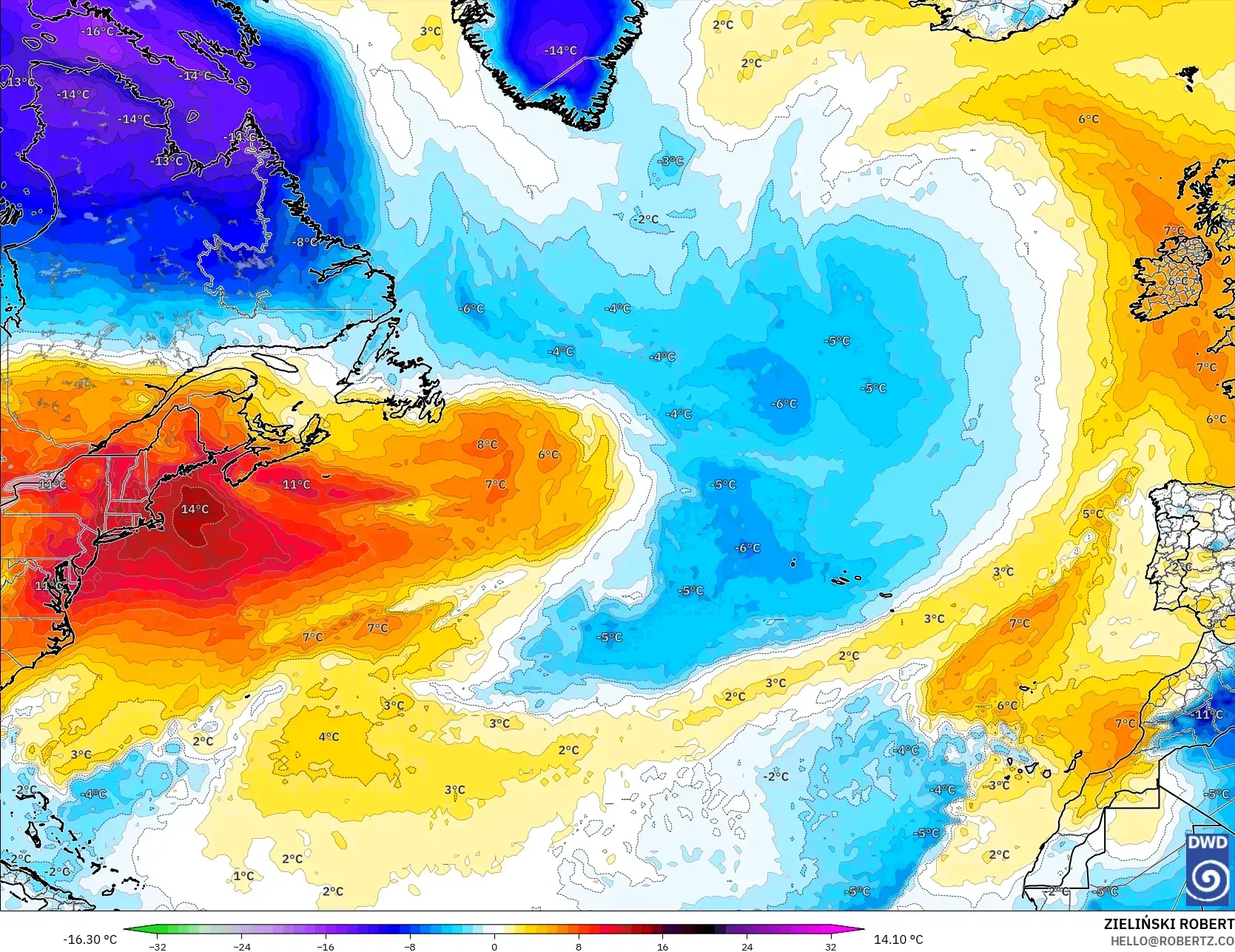 ICON model - North Atlantic, Temperature at 850hPa Anomaly