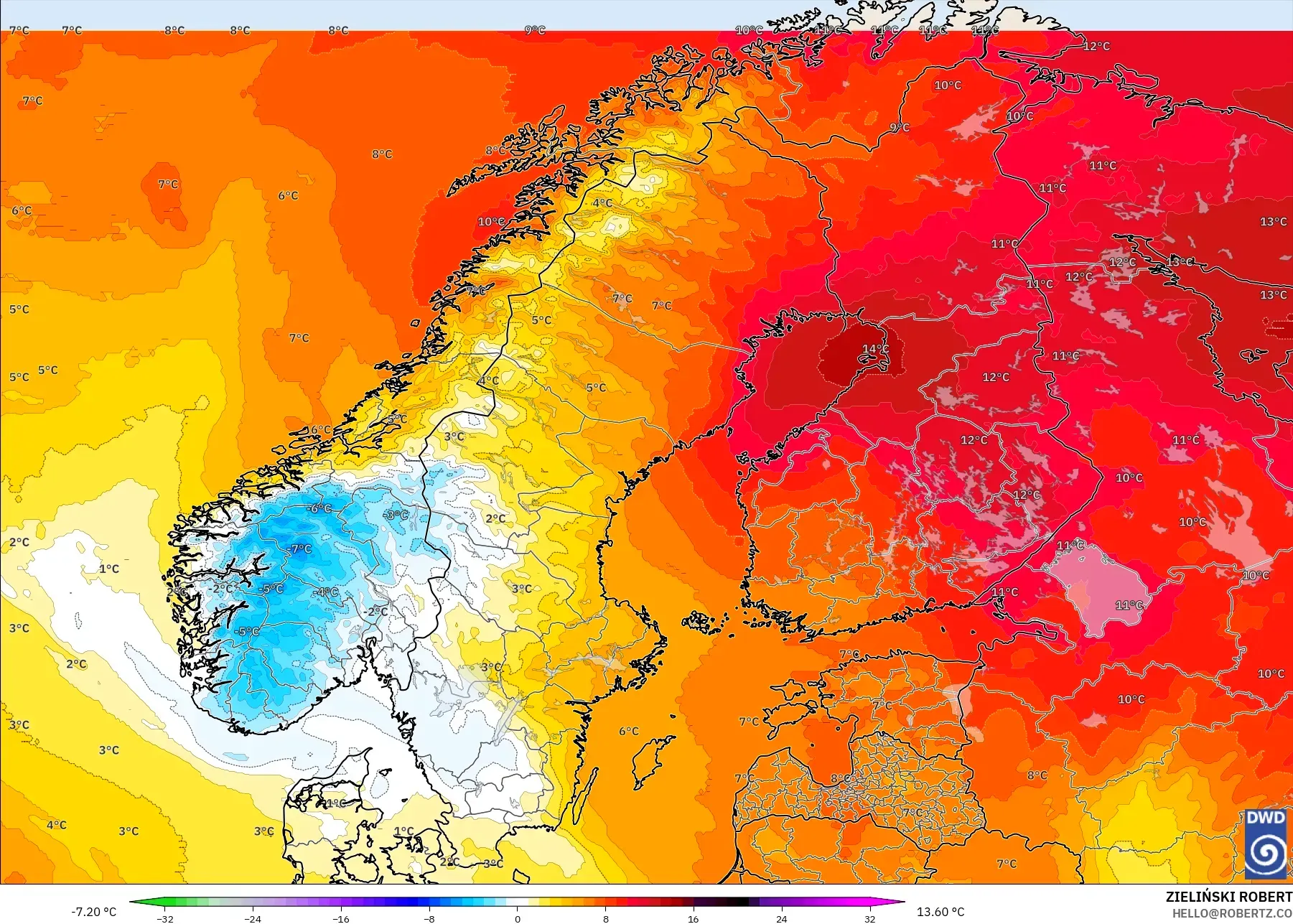 ICON model - Scandinavia, Temperature at 850hPa Anomaly