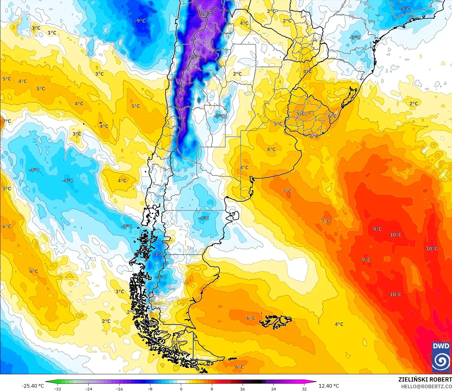 ICON model - Argentina, Temperature at 850hPa Anomaly
