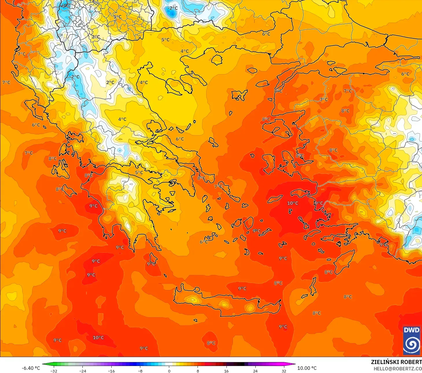 ICON model - Greece, Temperature at 850hPa Anomaly