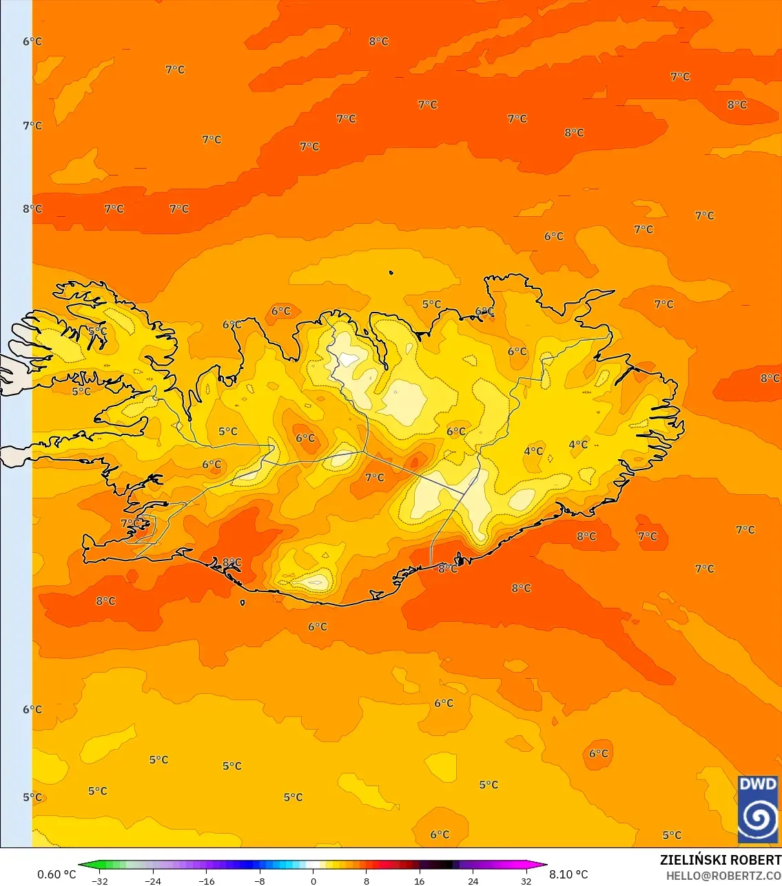 ICON model - Iceland, Temperature at 850hPa Anomaly