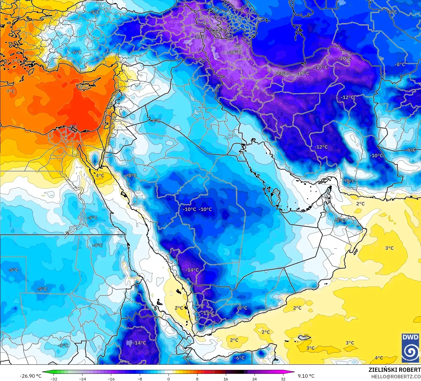 ICON model - Middle East, Temperature at 850hPa Anomaly