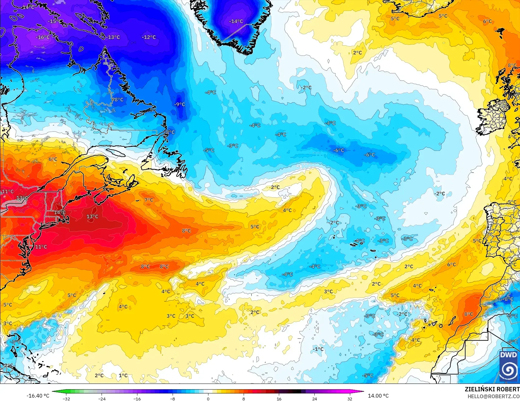 ICON model - North Atlantic, Temperature at 850hPa Anomaly