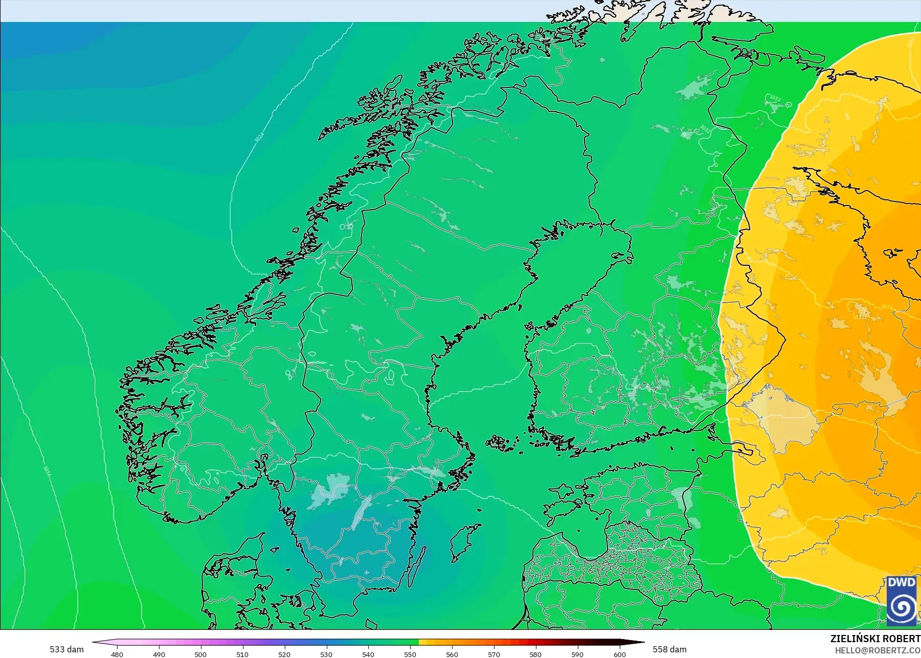 ICON model - Scandinavia, Geopotential height at 500hPa