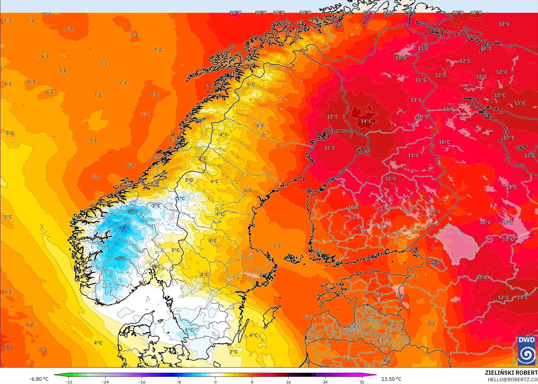 ICON model - Scandinavia, Temperature at 850hPa Anomaly