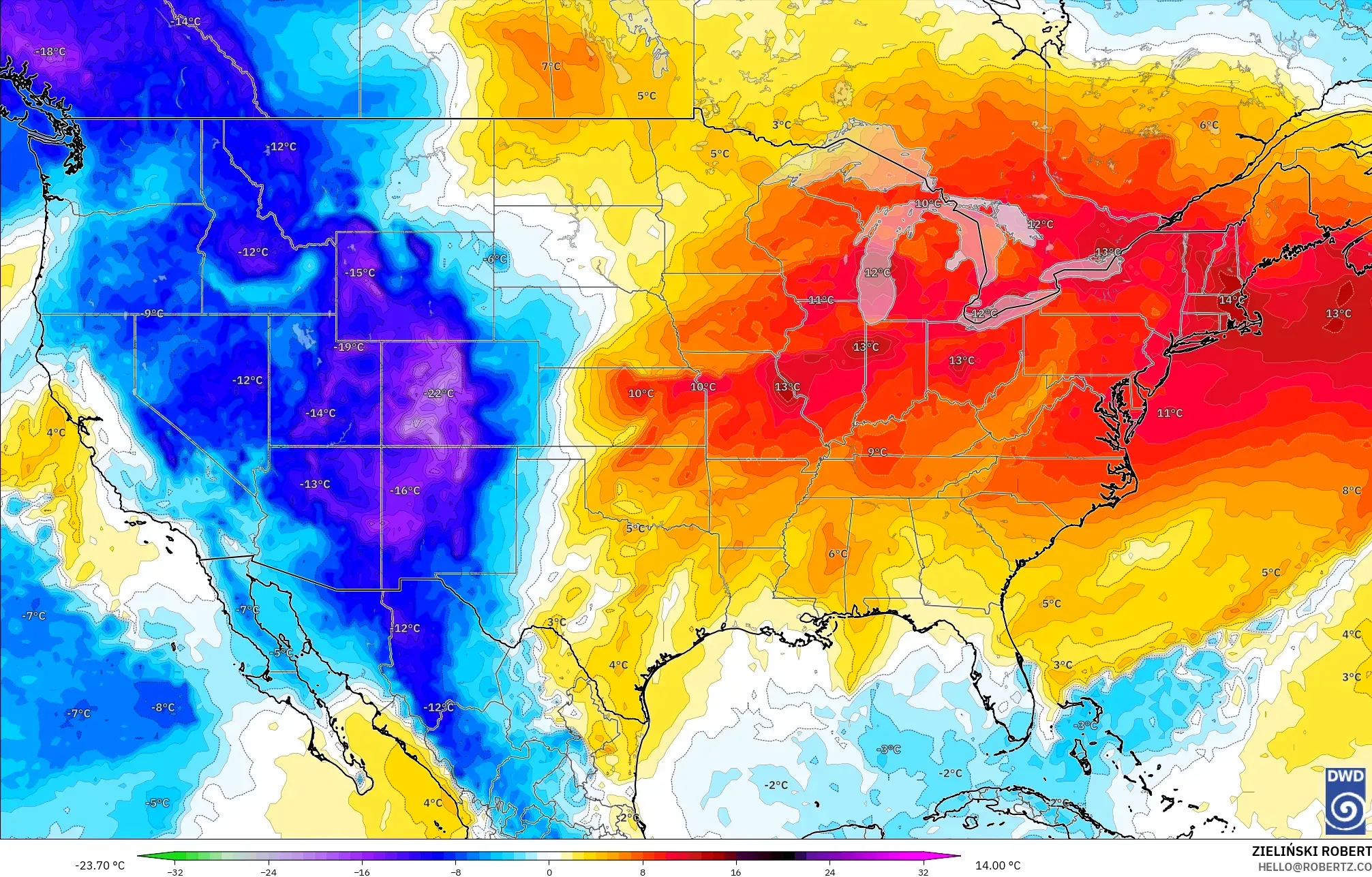 ICON model - United States, Temperature at 850hPa Anomaly