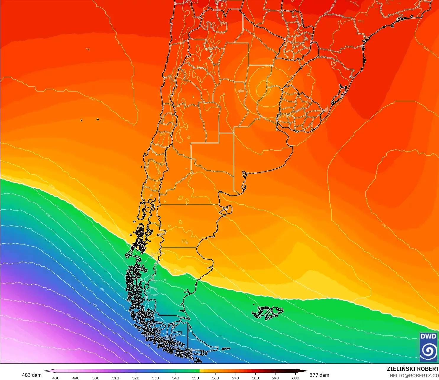 ICON model - Argentina, Geopotential height at 500hPa