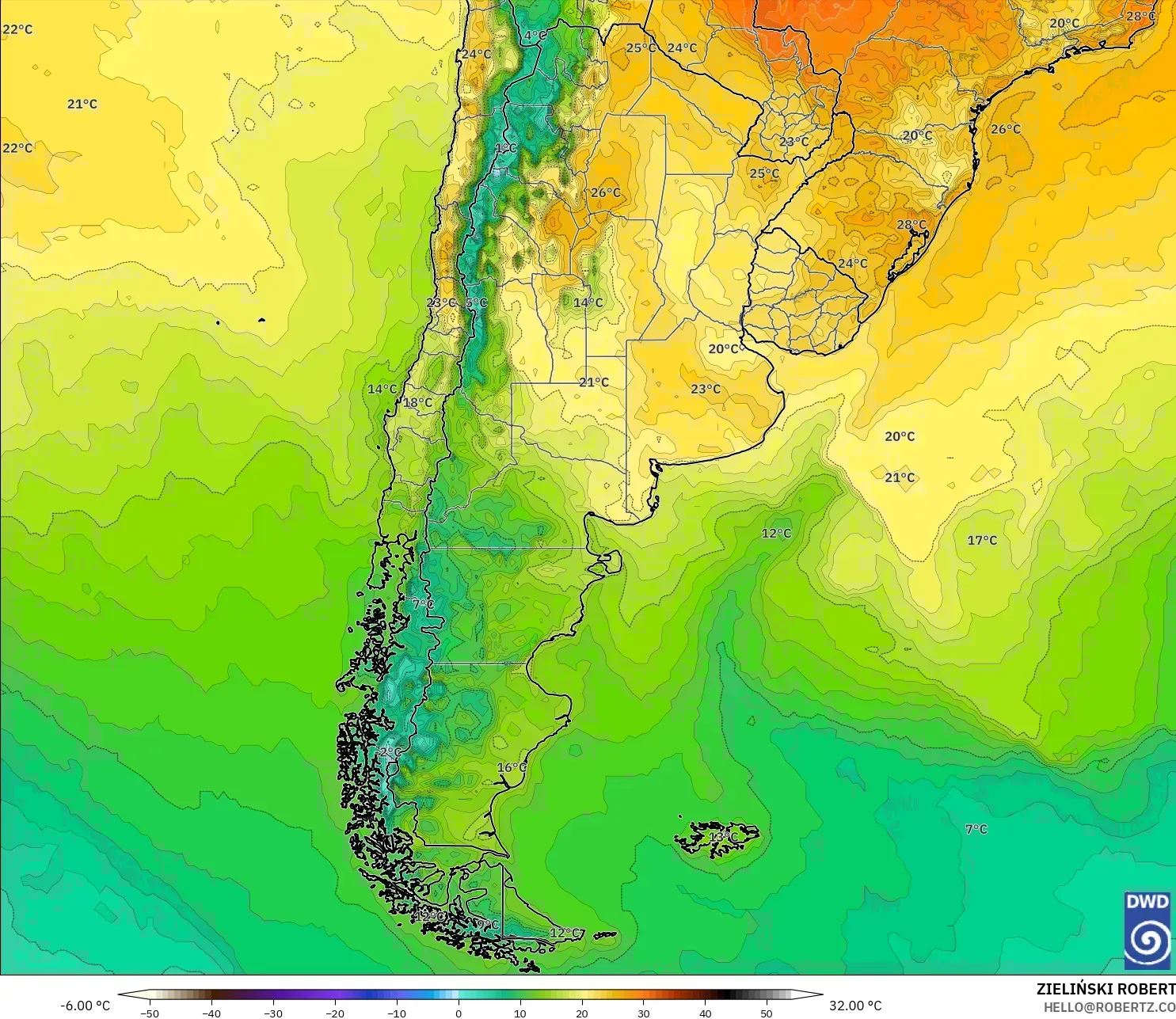ICON نموذج - الأرجنتين, درجة الحرارة على ارتفاع 2 م