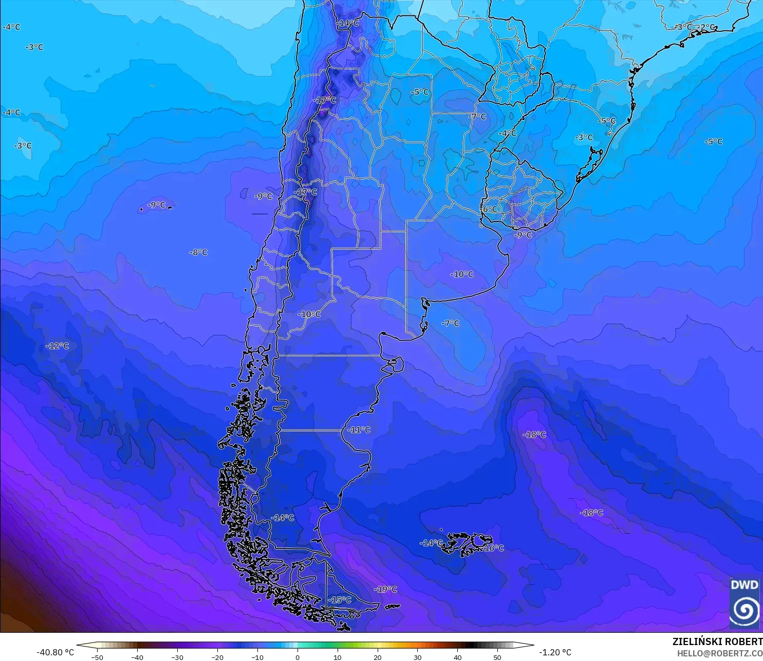 ICON نموذج - الأرجنتين, درجة الحرارة 500 hPa