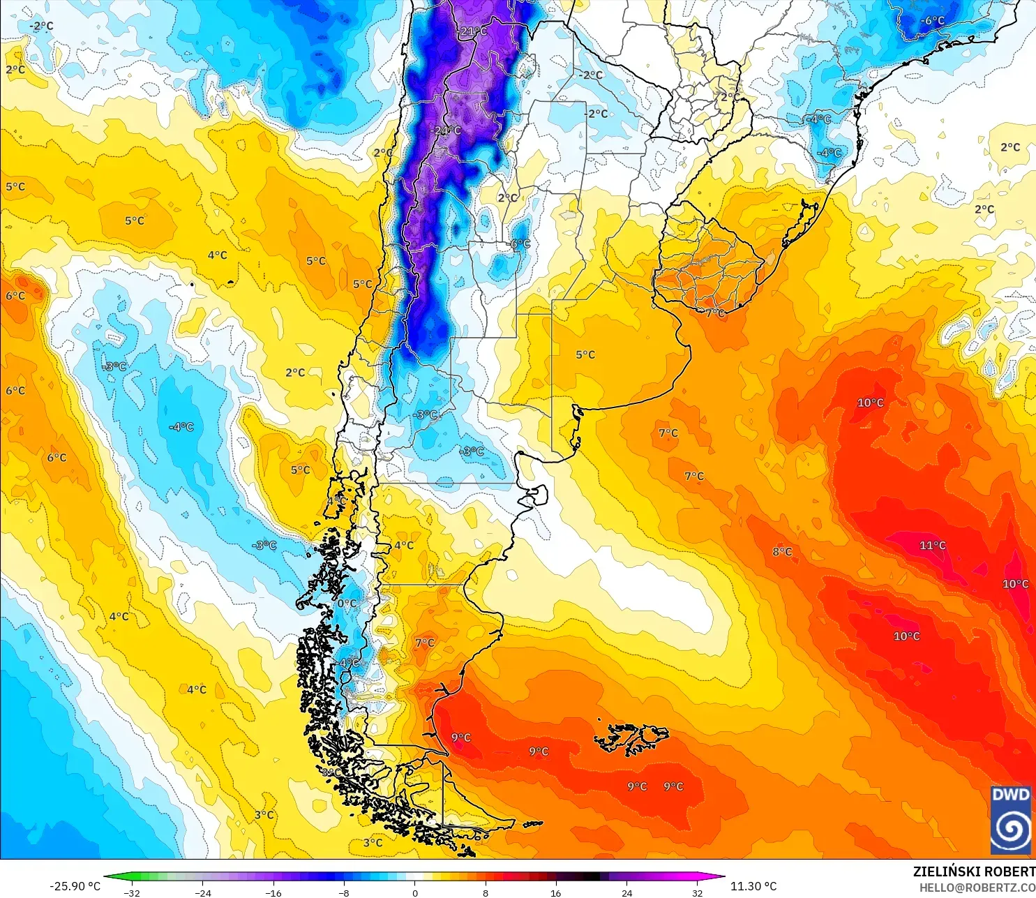 ICON نموذج - الأرجنتين, انحراف درجة الحرارة 850 hPa