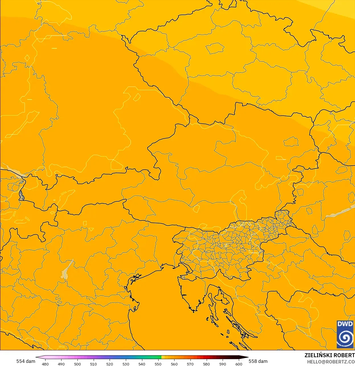 ICON model - Austria, Geopotential height at 500hPa