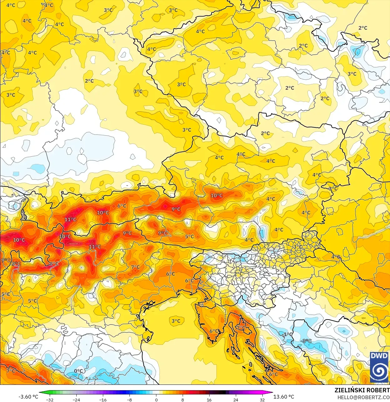 ICON نموذج - النمسا, انحراف درجة الحرارة 2 م