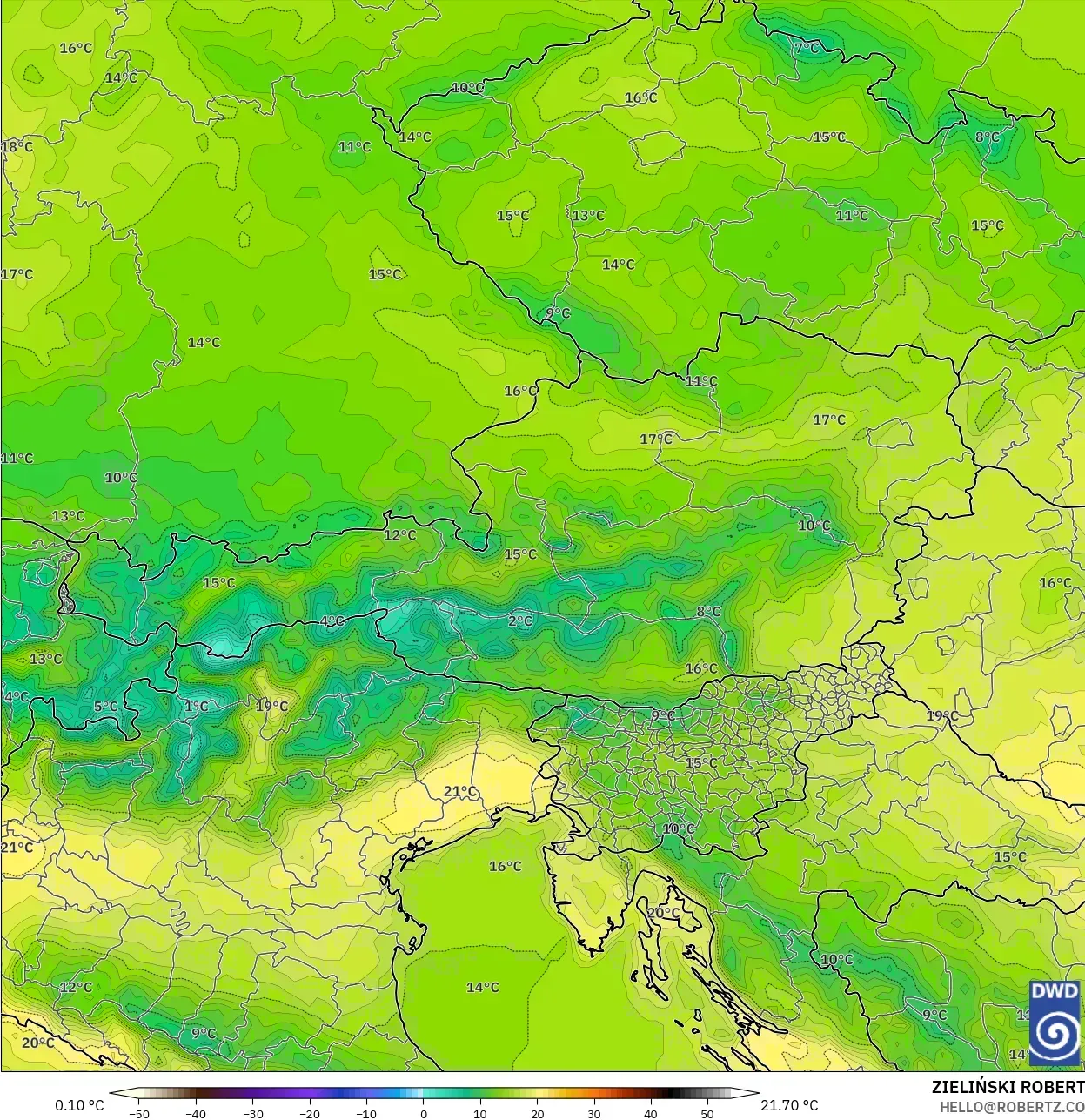 ICON نموذج - النمسا, درجة الحرارة على ارتفاع 2 م