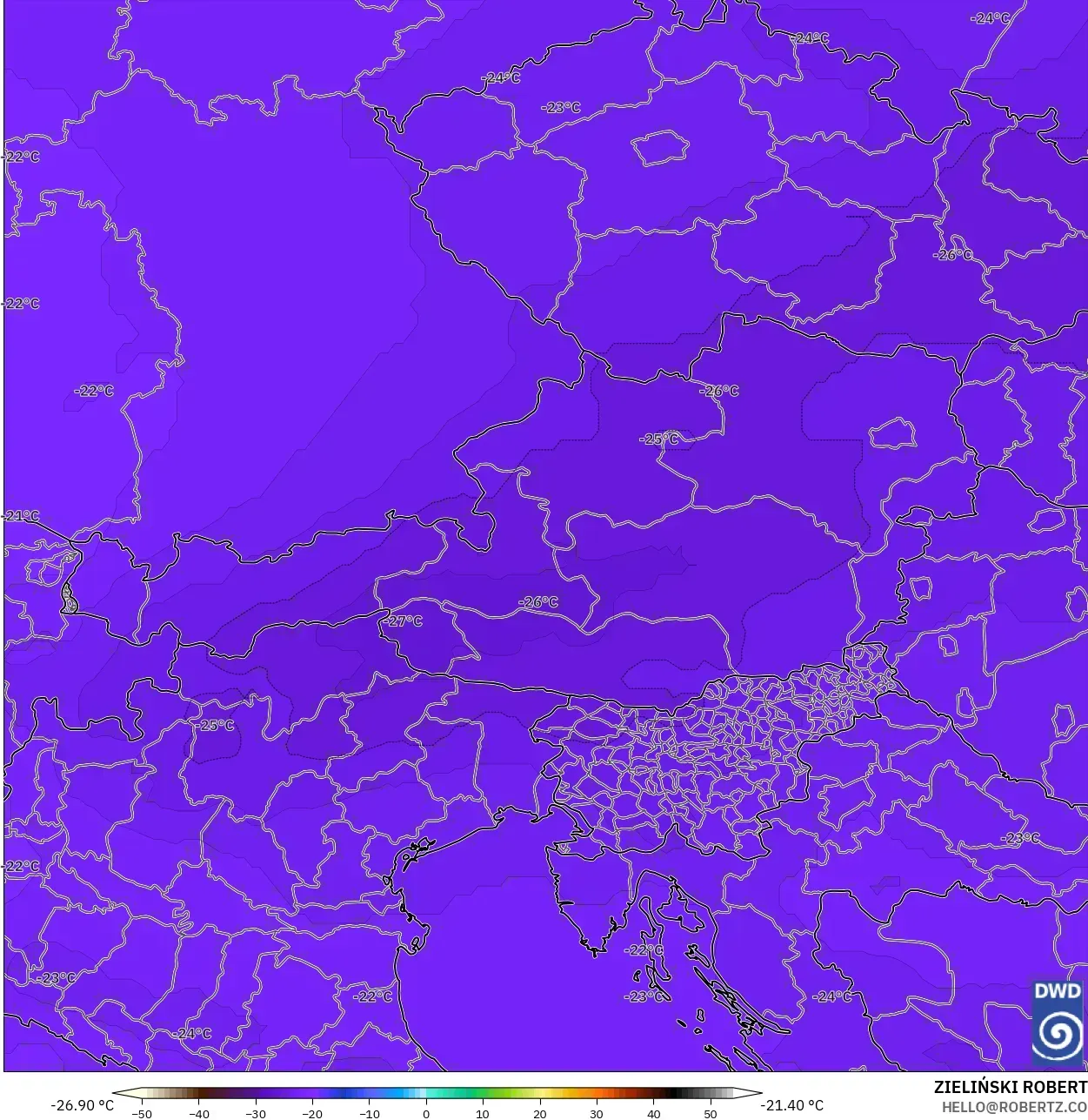 ICON نموذج - النمسا, درجة الحرارة 500 hPa