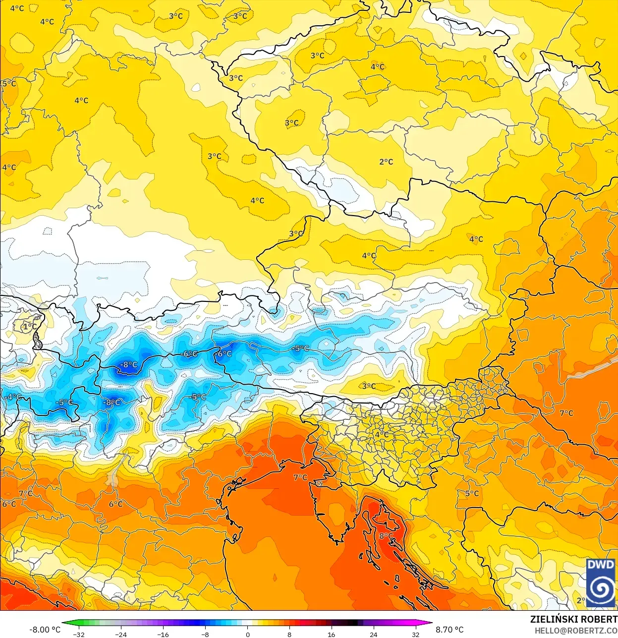 ICON نموذج - النمسا, انحراف درجة الحرارة 850 hPa