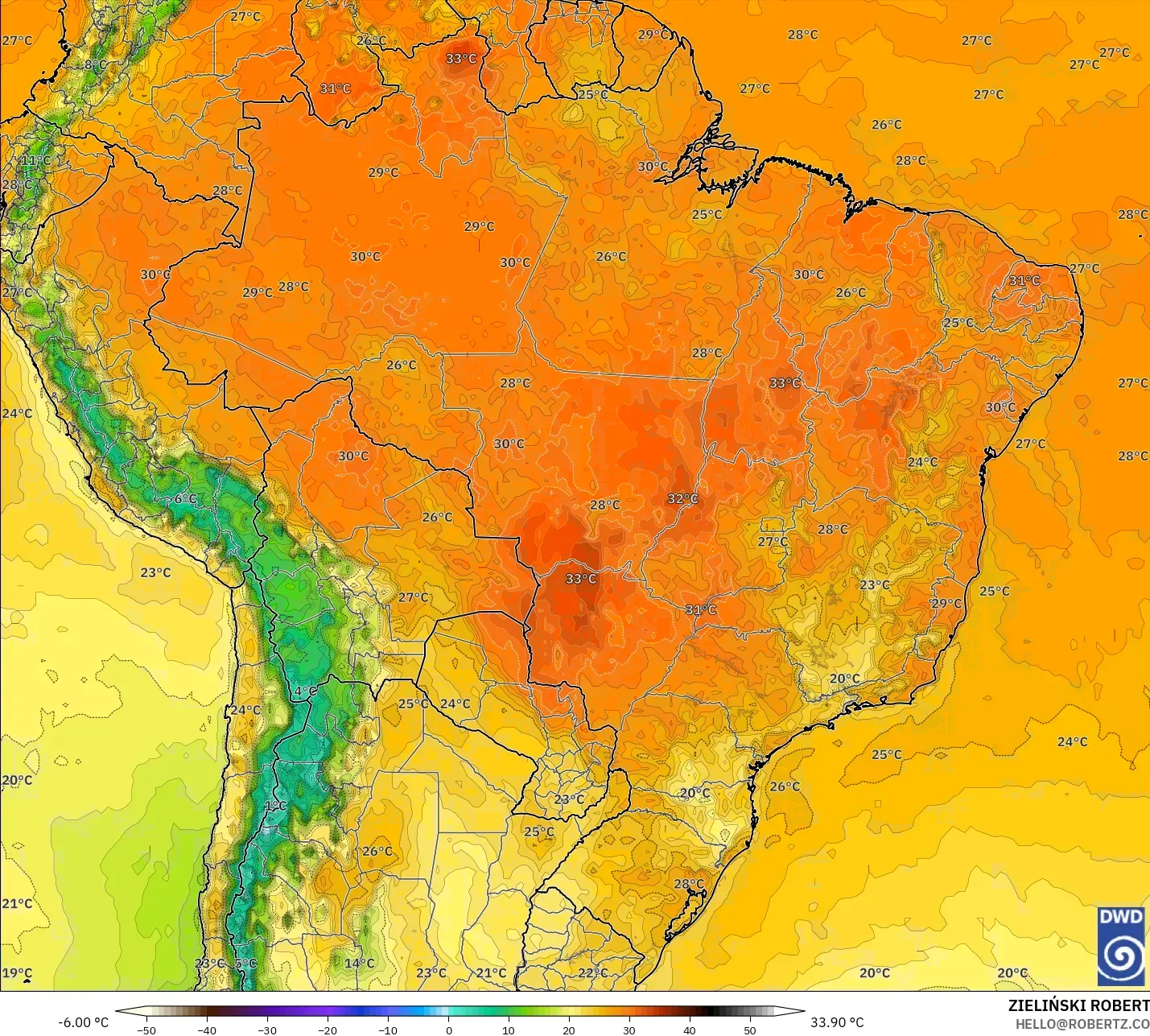 ICON نموذج - البرازيل, درجة الحرارة على ارتفاع 2 م