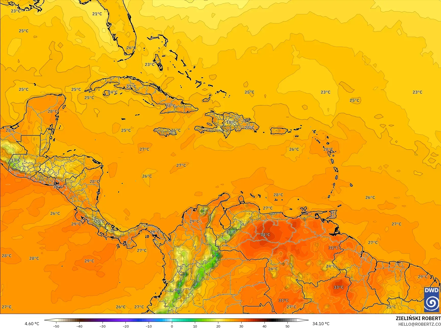 ICON نموذج - الكاريبي, درجة الحرارة على ارتفاع 2 م