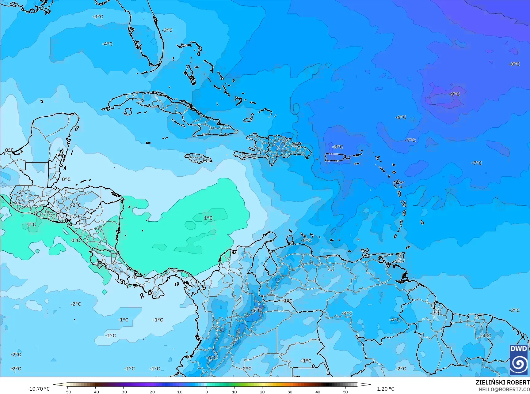ICON نموذج - الكاريبي, درجة الحرارة 500 hPa