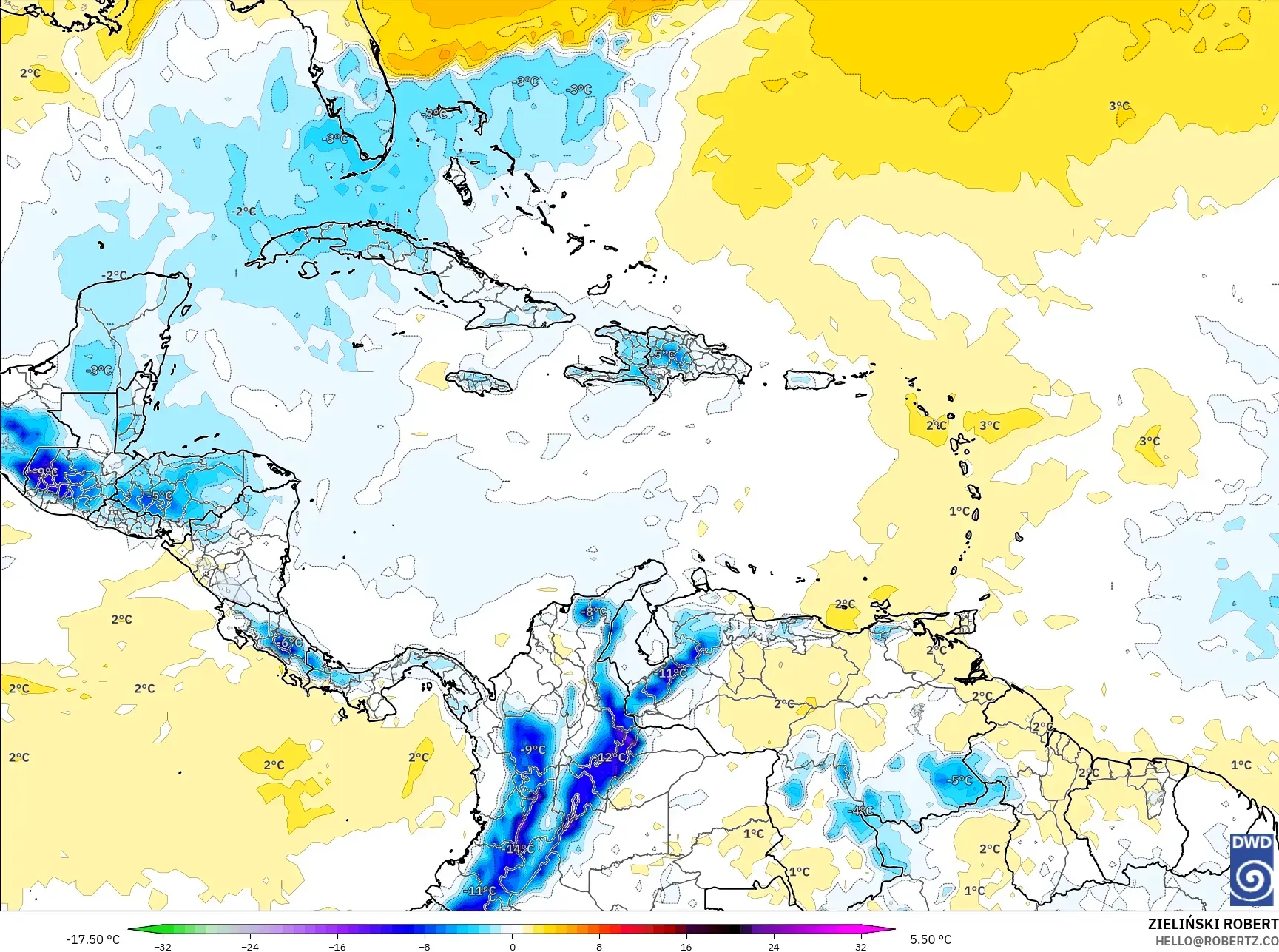 ICON نموذج - الكاريبي, انحراف درجة الحرارة 850 hPa