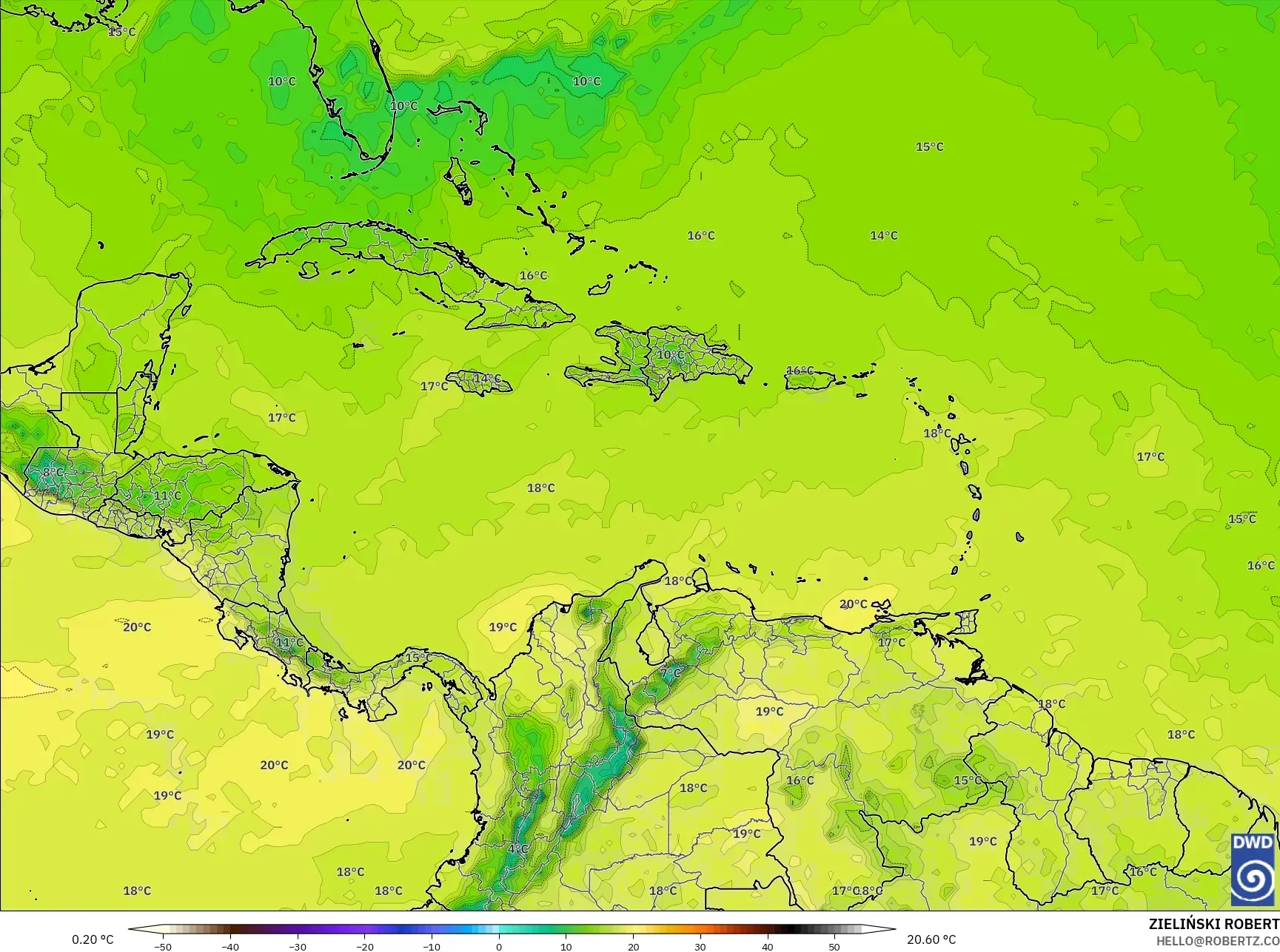 ICON نموذج - الكاريبي, درجة الحرارة 850 hPa