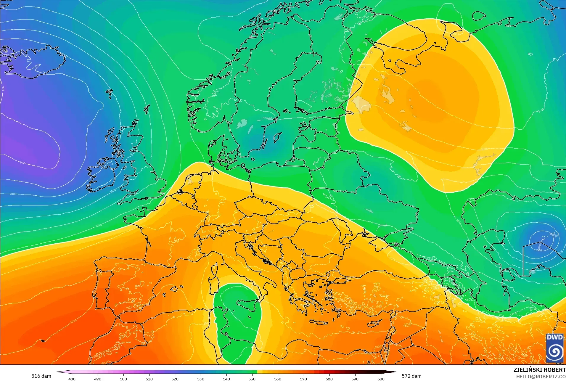 ICON model - Europe, Geopotential height at 500hPa