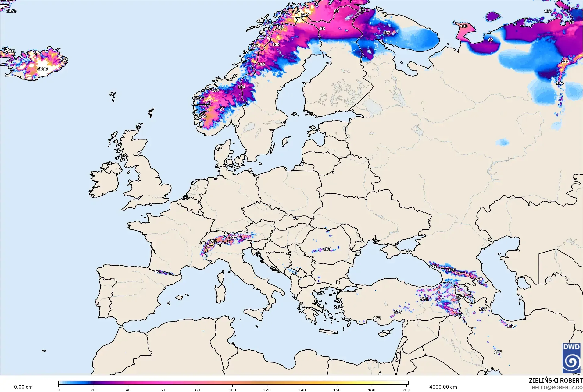 ICON نموذج - أوروبا, عمق الثلج