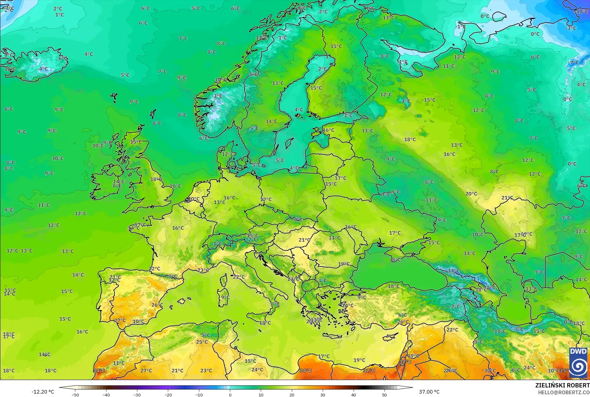 ICON نموذج - أوروبا, درجة الحرارة على ارتفاع 2 م