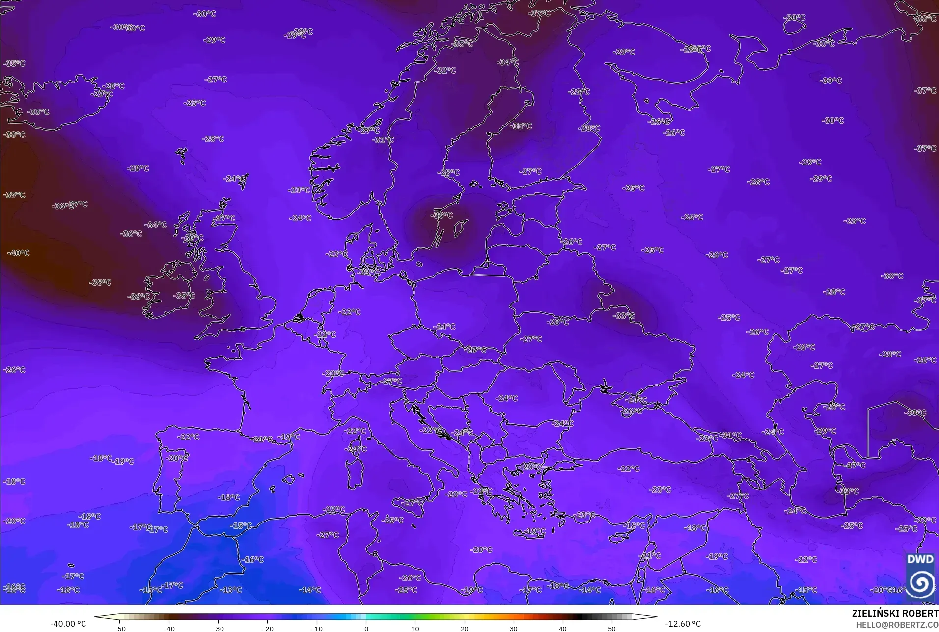 ICON نموذج - أوروبا, درجة الحرارة 500 hPa