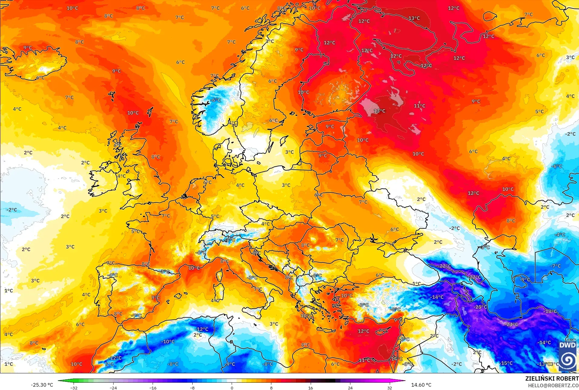 ICON نموذج - أوروبا, انحراف درجة الحرارة 850 hPa