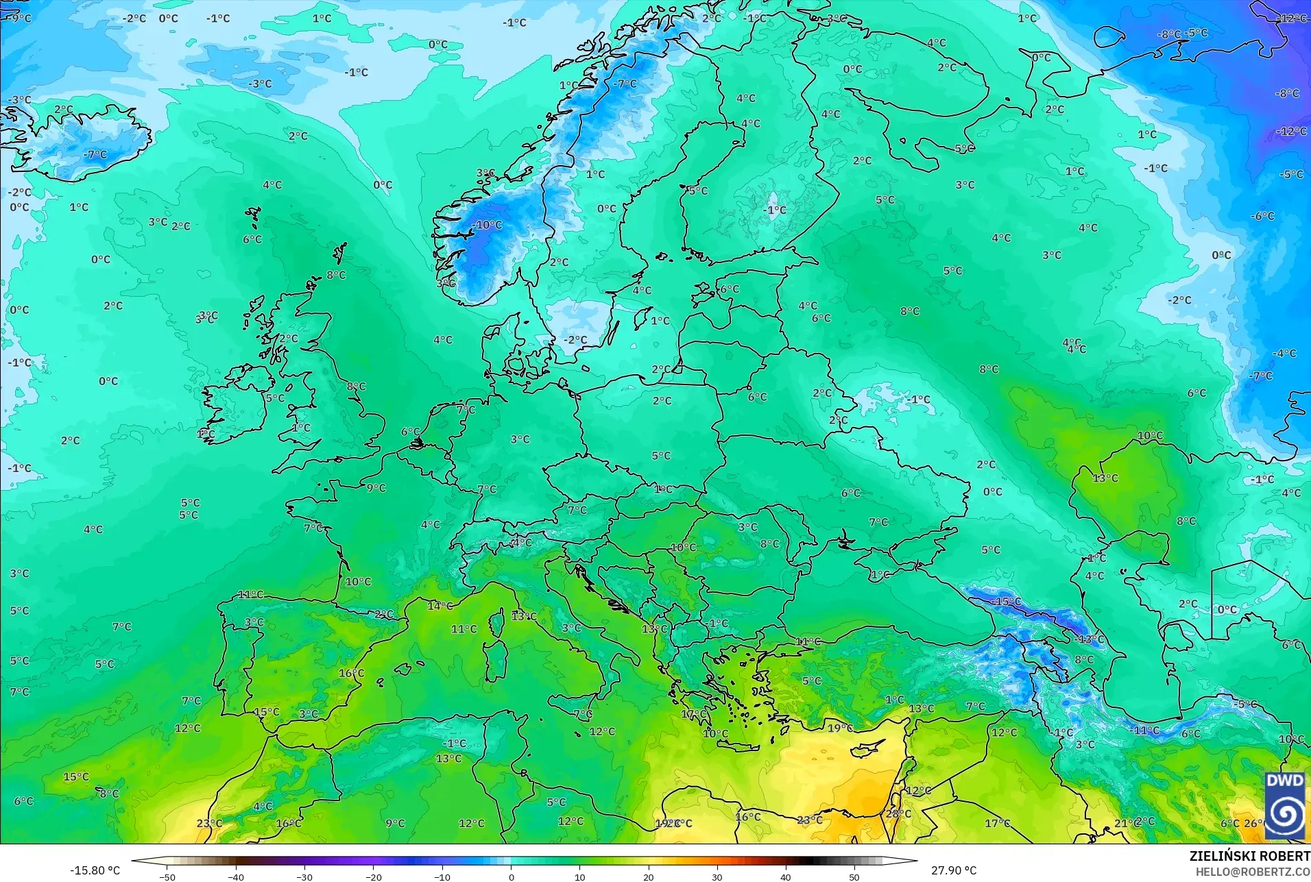 ICON نموذج - أوروبا, درجة الحرارة 850 hPa