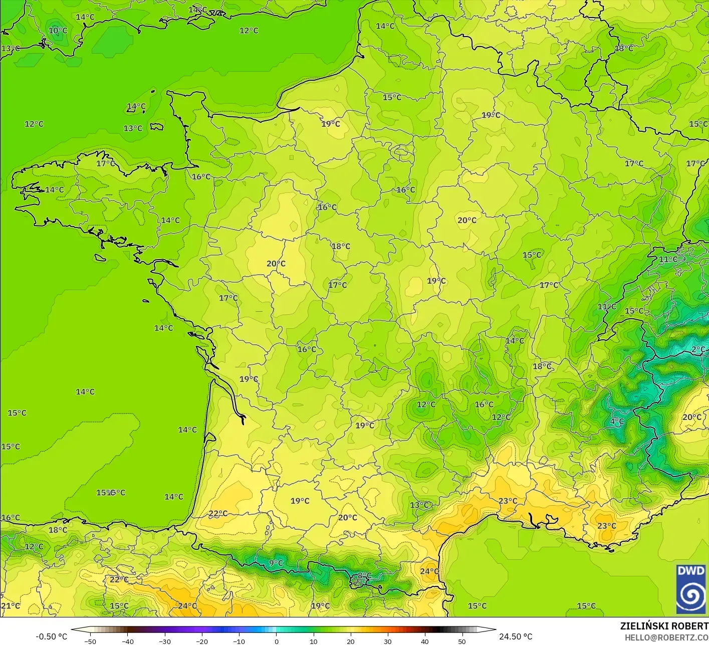 ICON نموذج - فرنسا, درجة الحرارة على ارتفاع 2 م