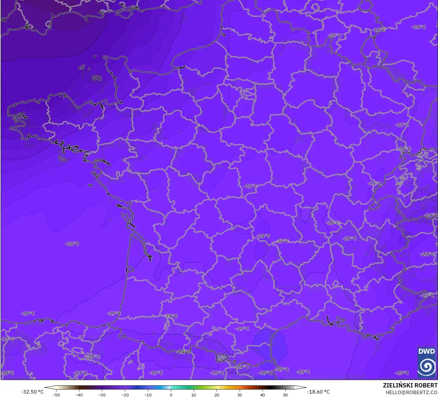 ICON نموذج - فرنسا, درجة الحرارة 500 hPa