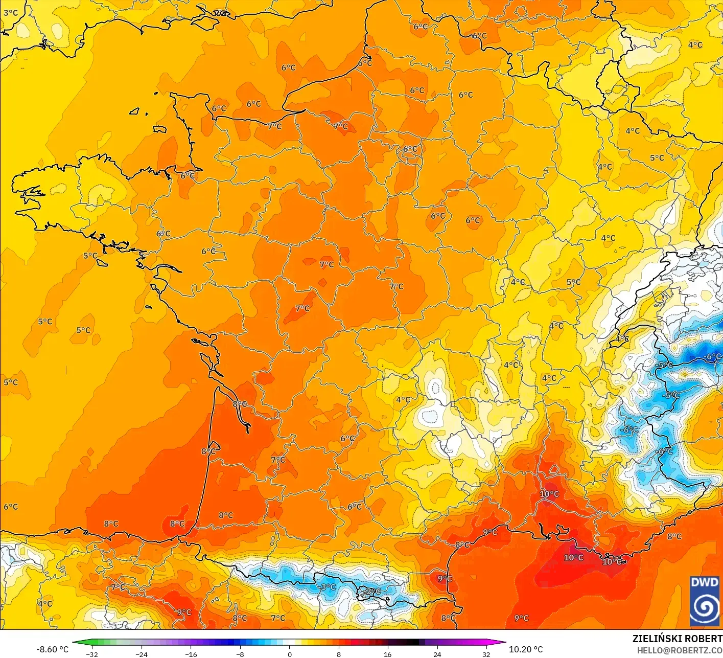 ICON نموذج - فرنسا, انحراف درجة الحرارة 850 hPa