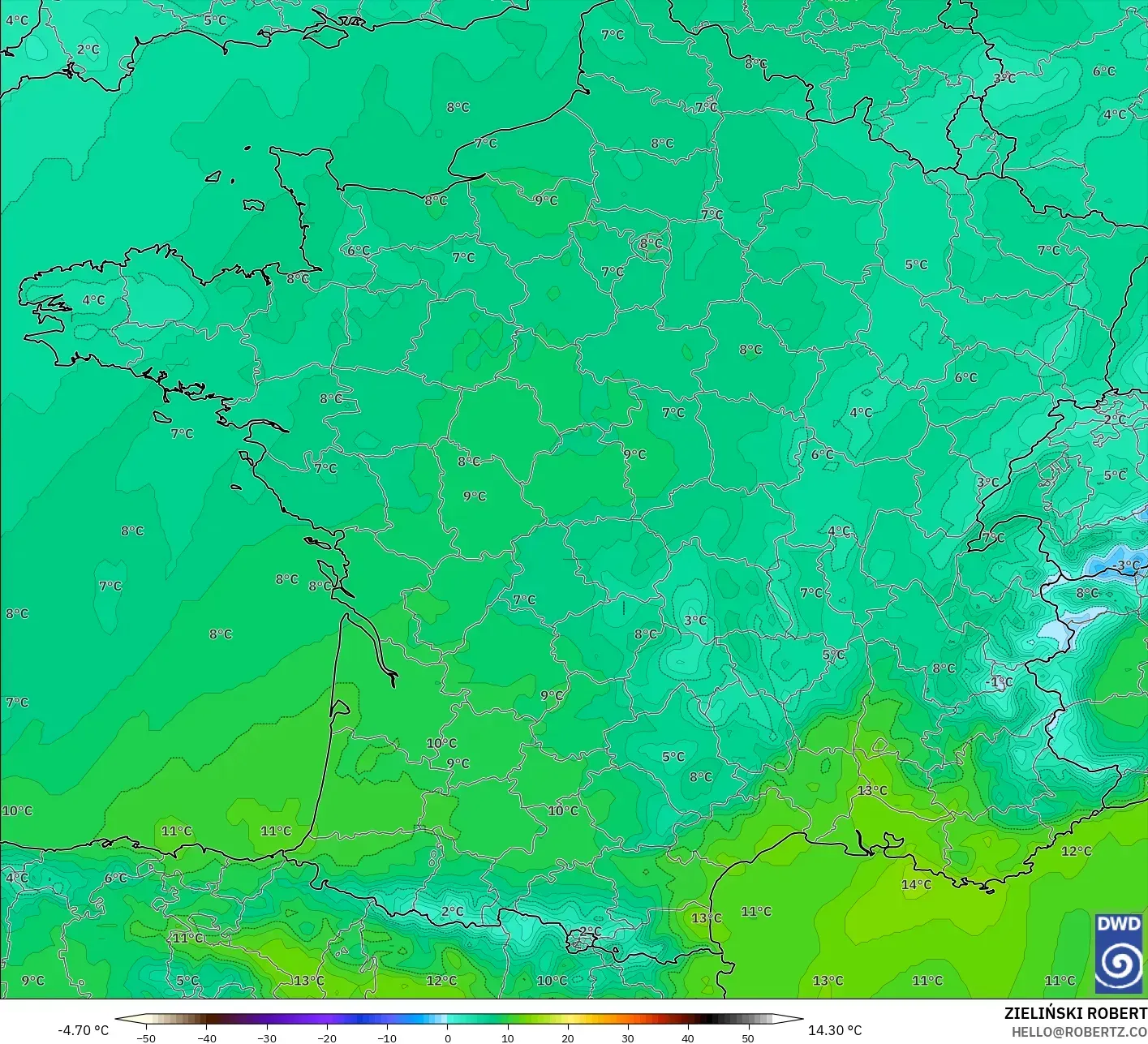 ICON نموذج - فرنسا, درجة الحرارة 850 hPa