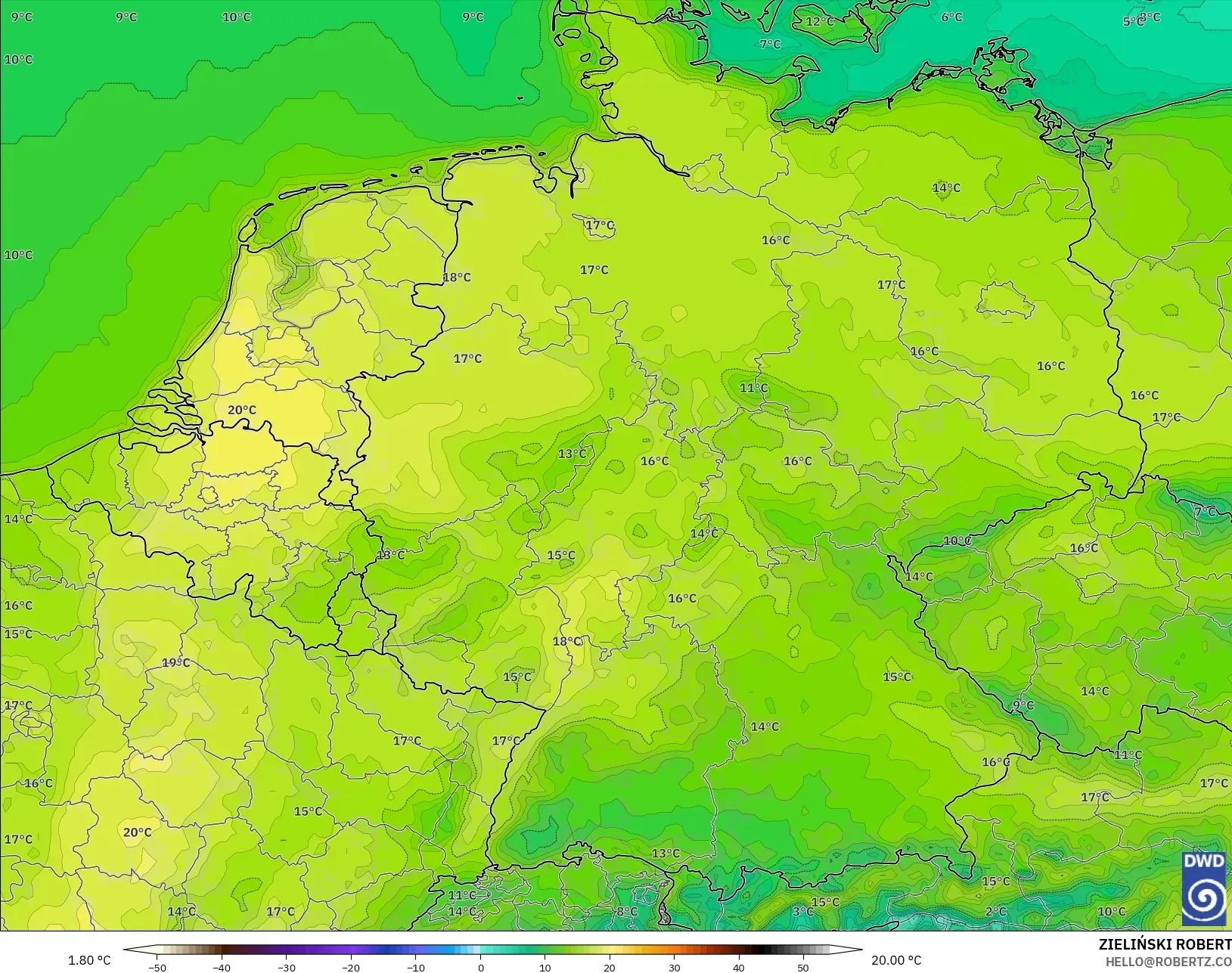 ICON نموذج - ألمانيا, درجة الحرارة على ارتفاع 2 م