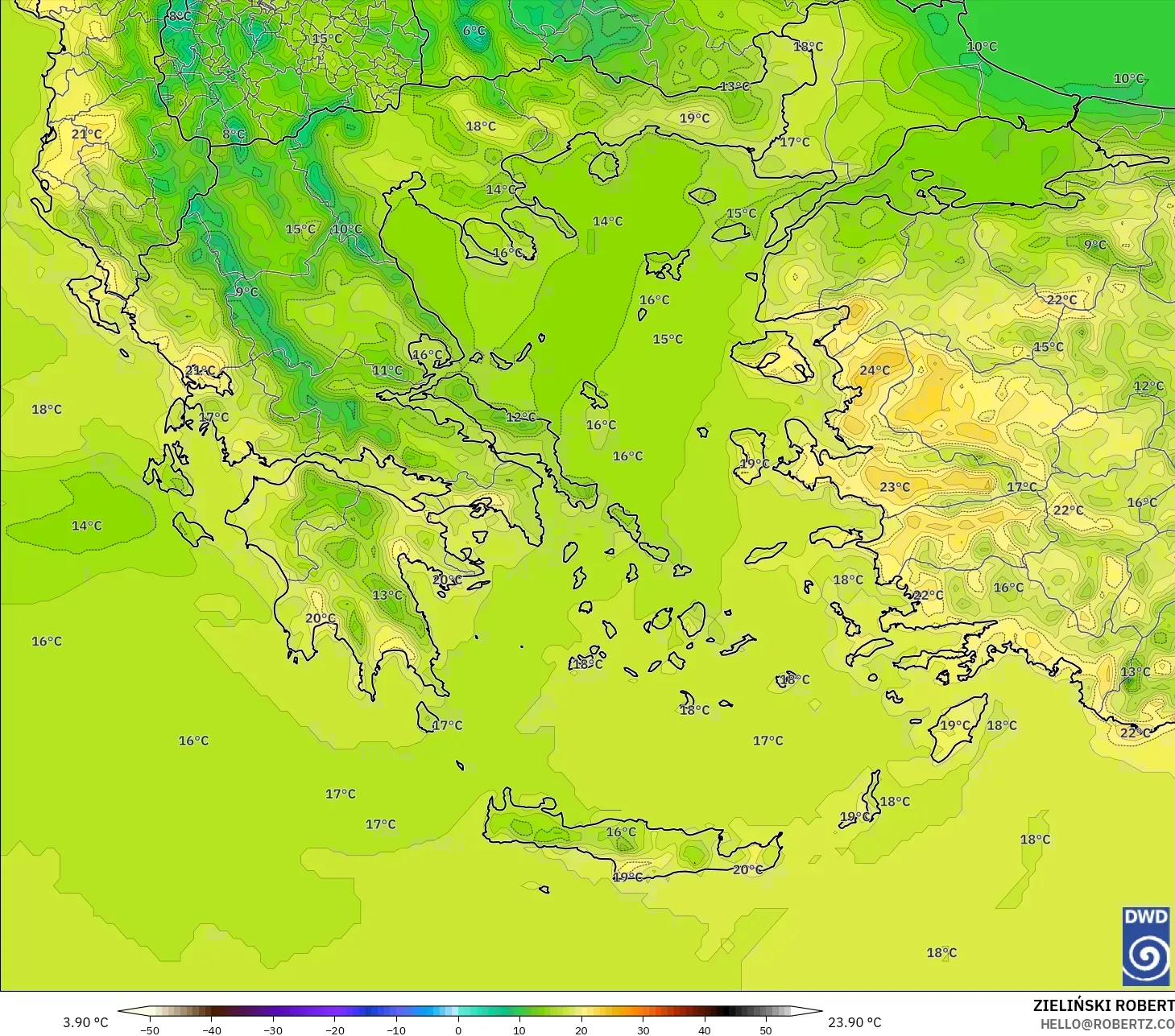 ICON نموذج - اليونان, درجة الحرارة على ارتفاع 2 م
