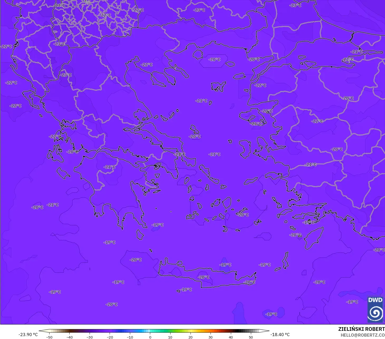 ICON نموذج - اليونان, درجة الحرارة 500 hPa