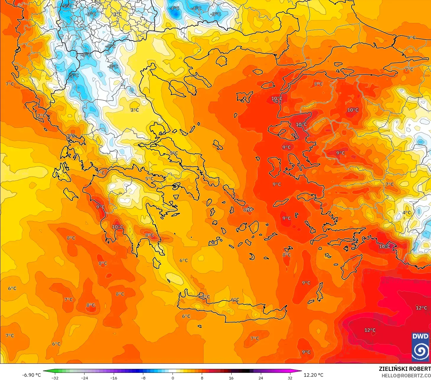 ICON model - Greece, Temperature at 850hPa Anomaly
