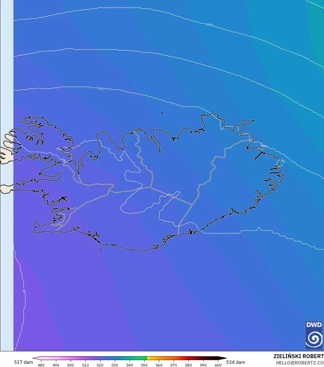 ICON model - Iceland, Geopotential height at 500hPa