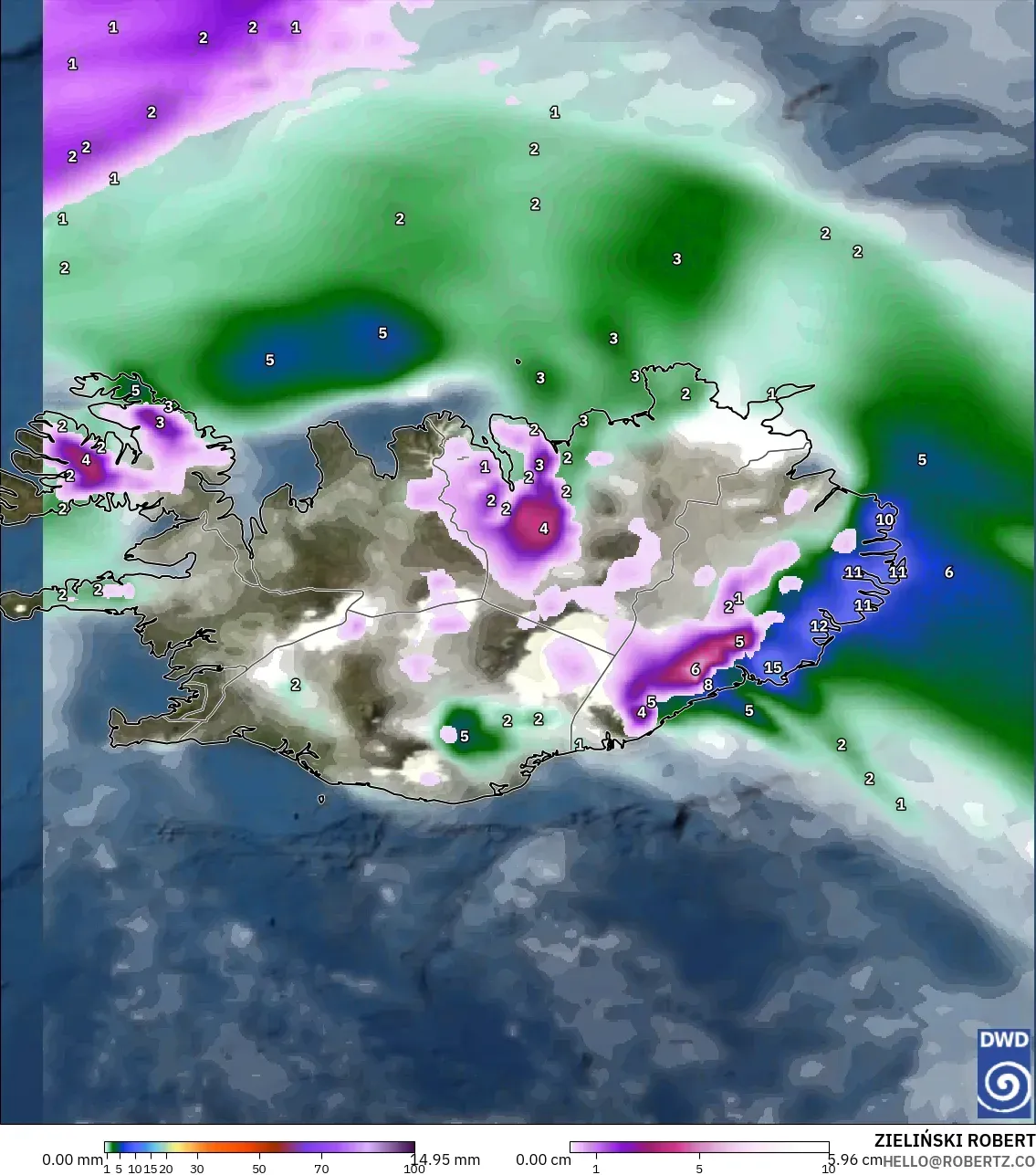 ICON نموذج - آيسلندا, الهطول والغيوم والضغط