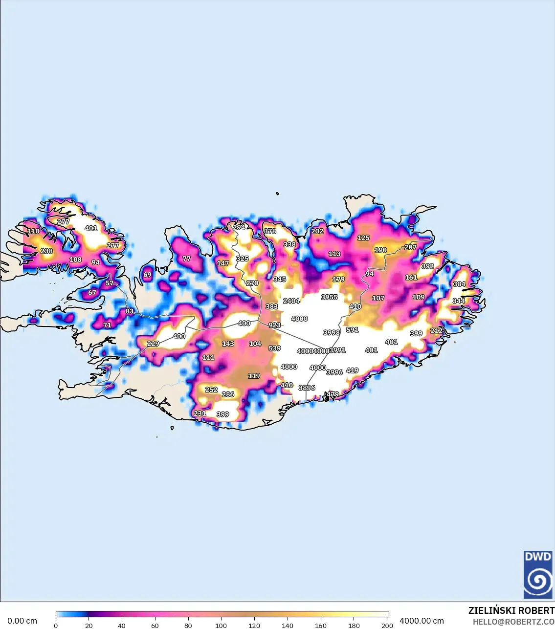 ICON نموذج - آيسلندا, عمق الثلج