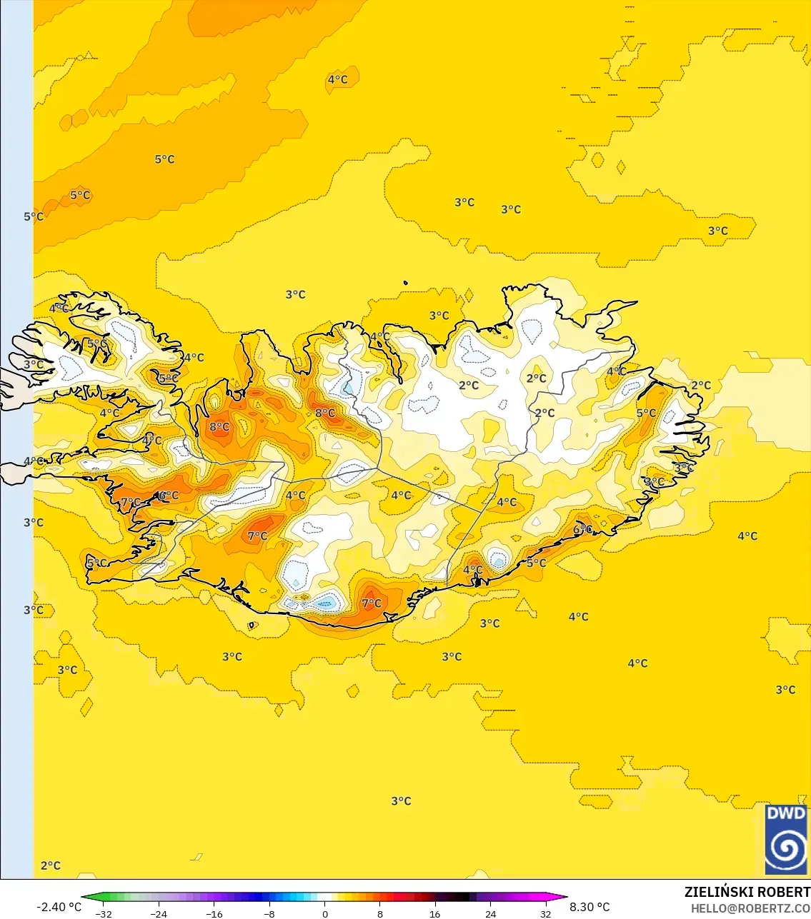 ICON نموذج - آيسلندا, انحراف درجة الحرارة 2 م