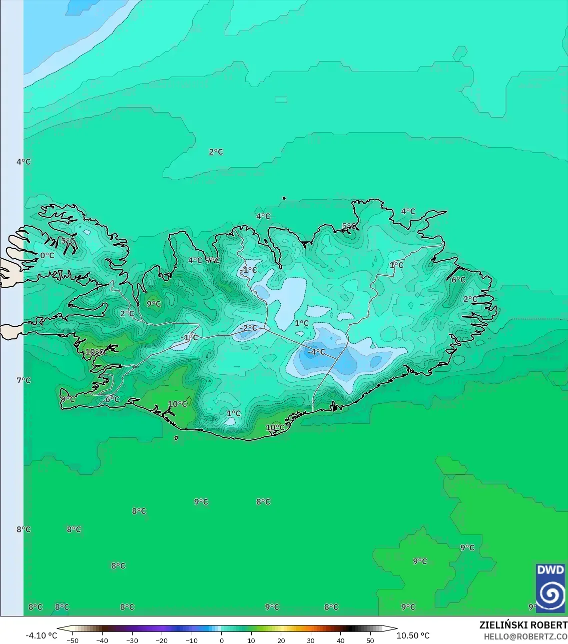 ICON نموذج - آيسلندا, درجة الحرارة على ارتفاع 2 م